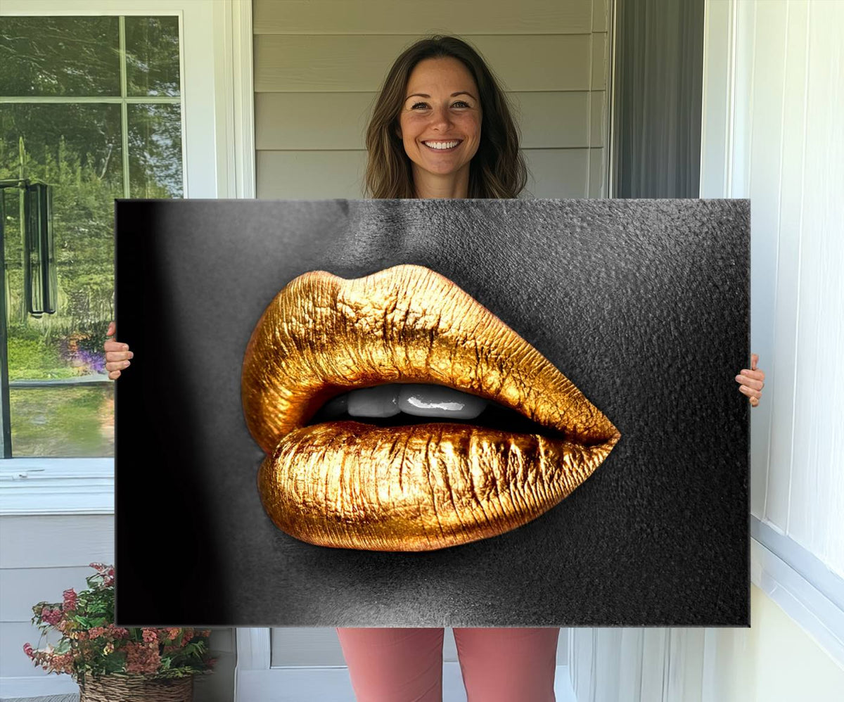 Gold Lips Canvas Wall Art Print Makeup Wall Art Fashion