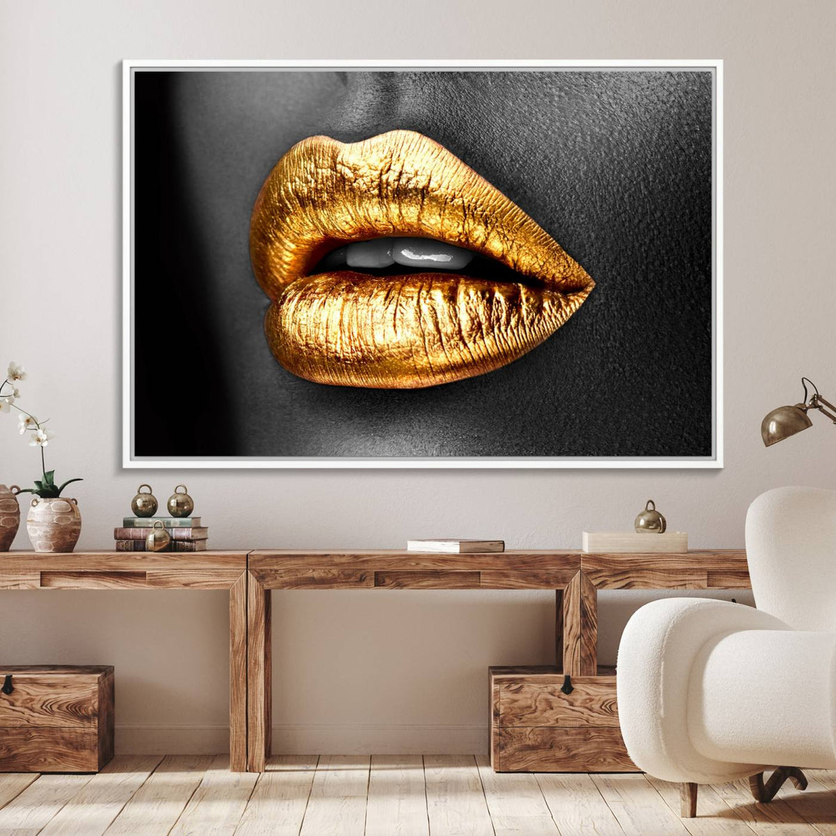 Gold Lips Canvas Wall Art Print Makeup Wall Art Fashion