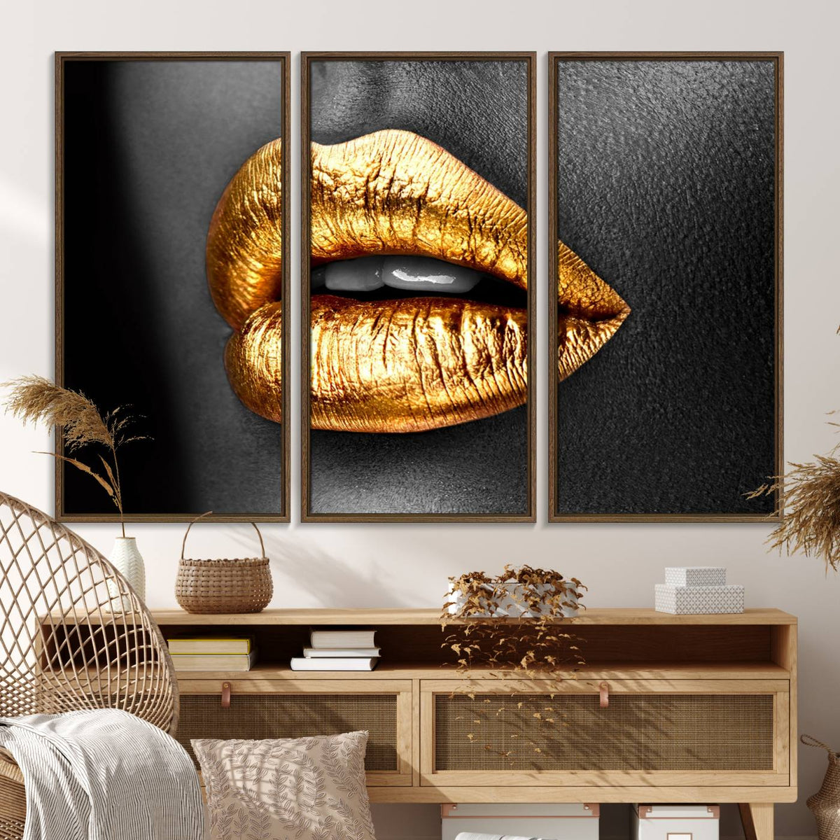 Gold Lips Canvas Wall Art Print Makeup Wall Art Fashion