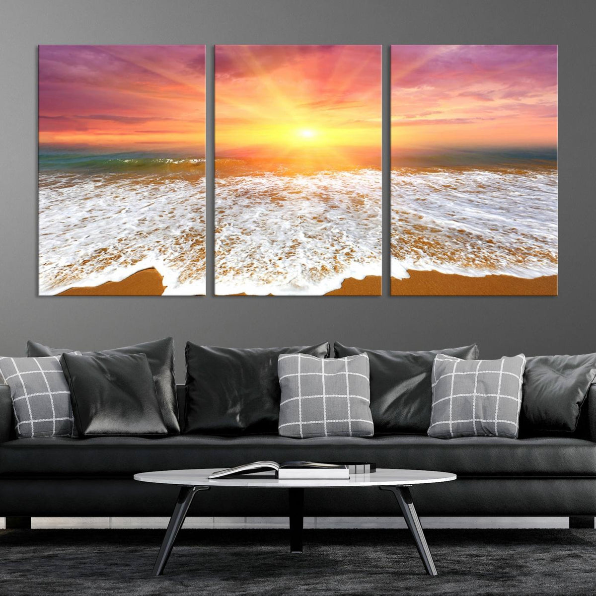Golden Beach Sunrise Canvas Wall Art, 3-Panel Giclee Print