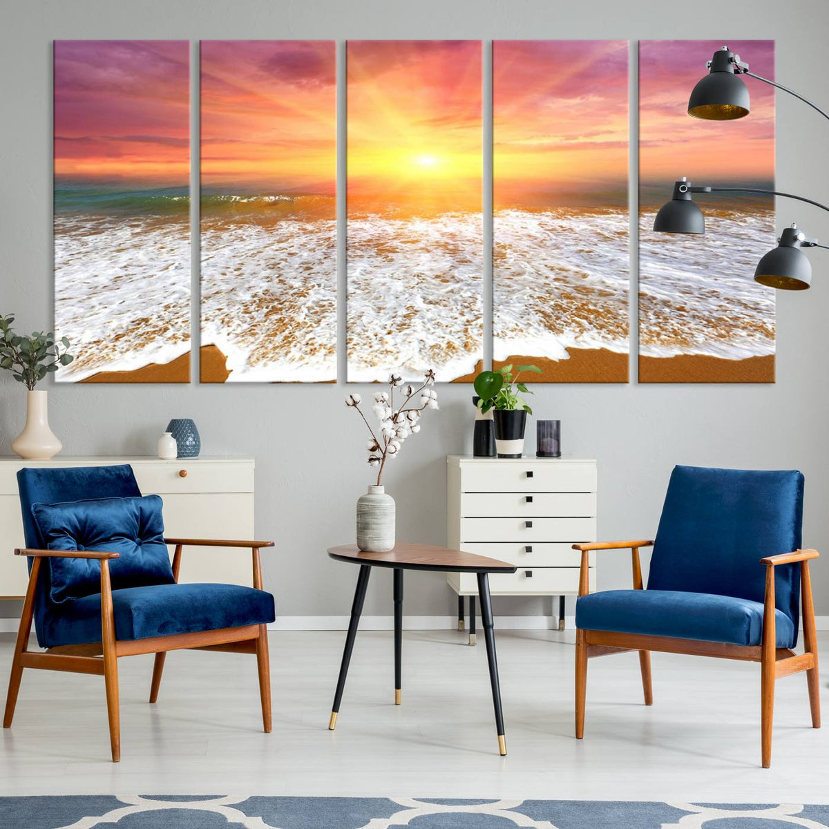 Golden Beach Sunrise Canvas Wall Art, 3-Panel Giclee Print