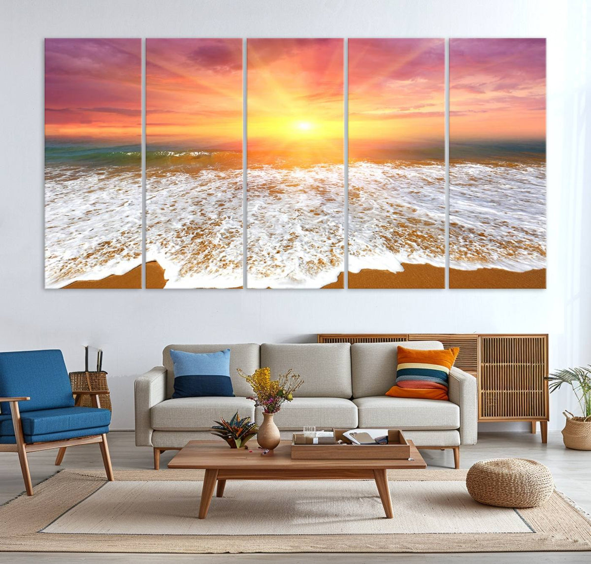 Golden Beach Sunrise Canvas Wall Art, 3-Panel Giclee Print