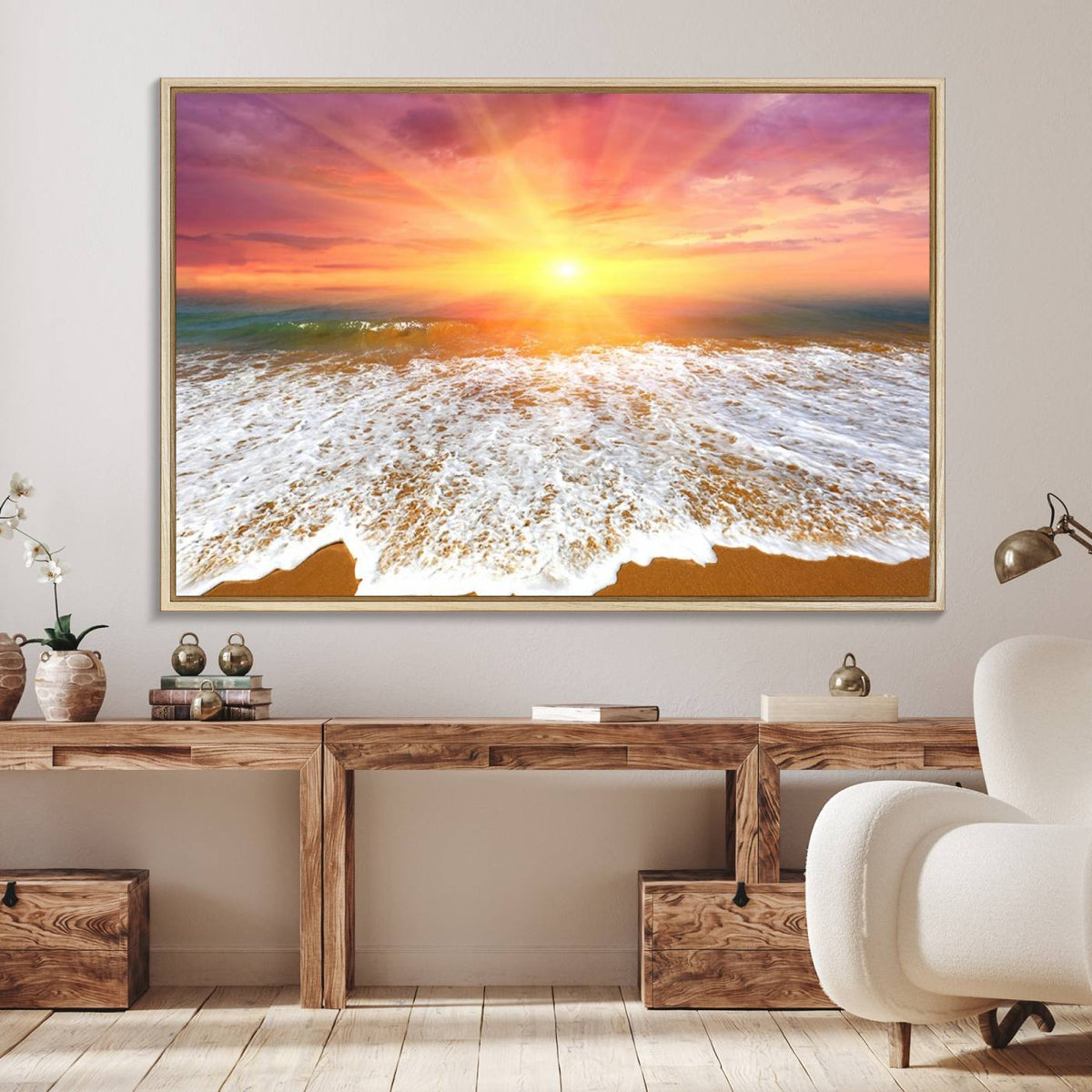 Golden Beach Sunrise Canvas Wall Art, 3-Panel Giclee Print