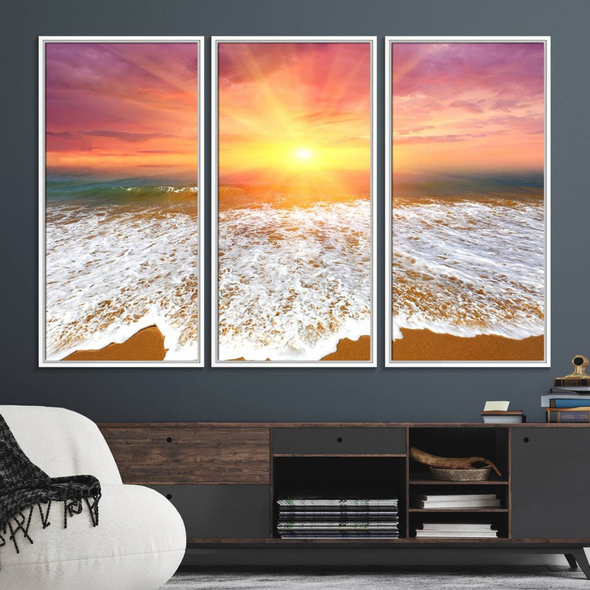 Golden Beach Sunrise Canvas Wall Art, 3-Panel Giclee Print