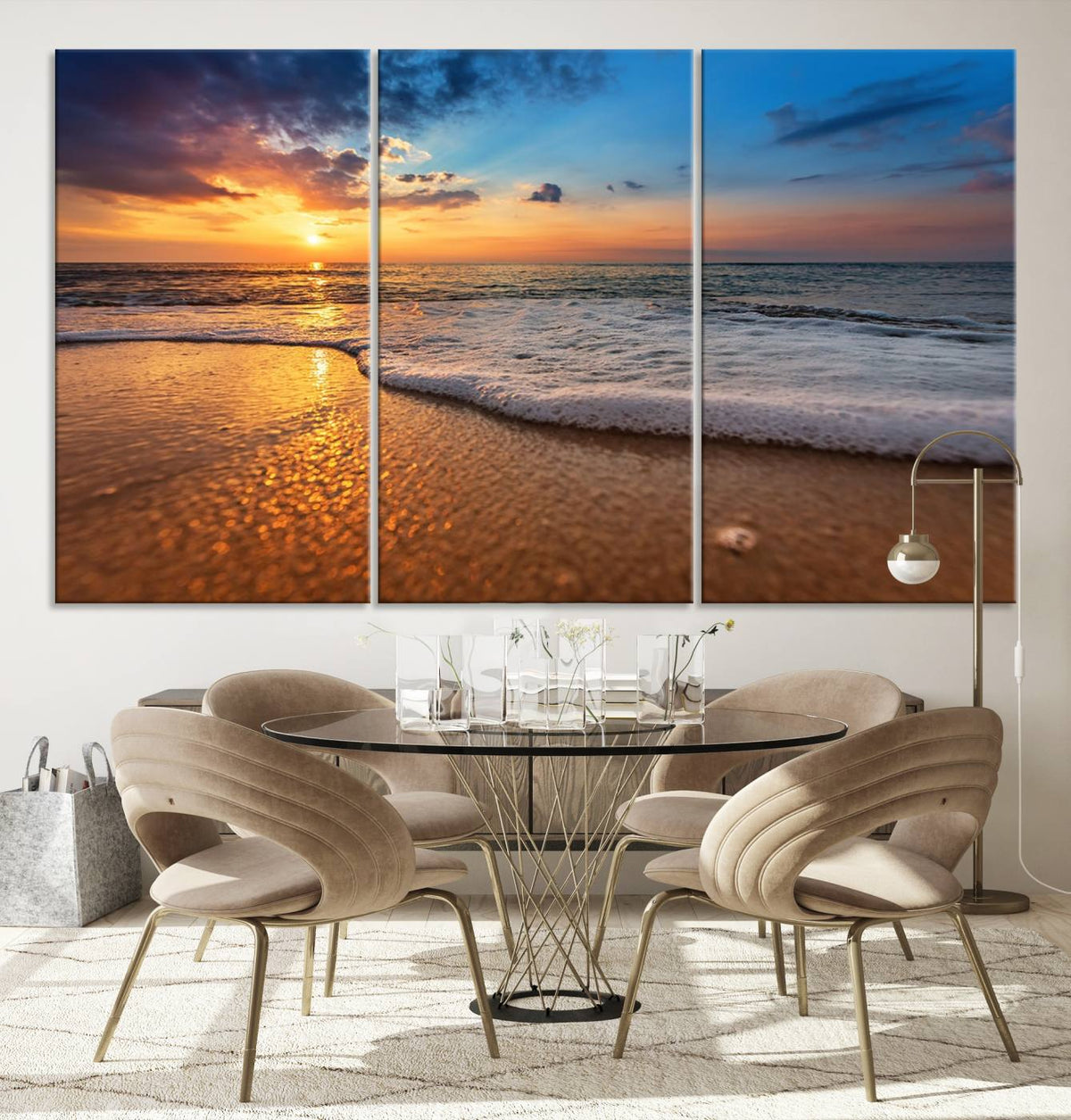 Golden Sunset Beach Waves Canvas Print, Triptych Canvas Wall