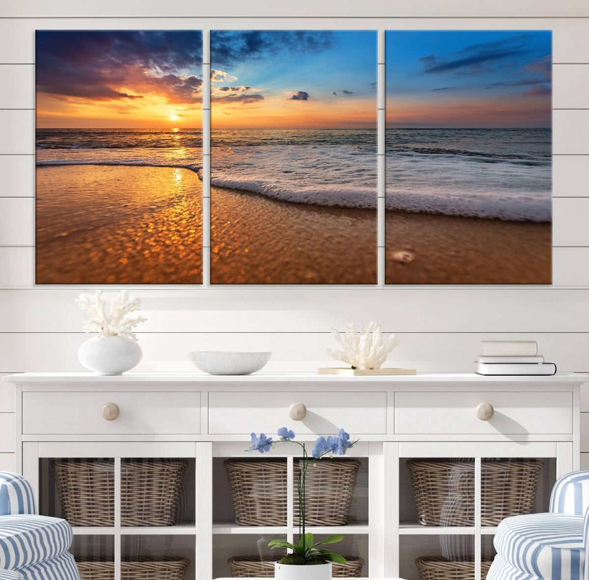 Golden Sunset Beach Waves Canvas Print, Triptych Canvas Wall