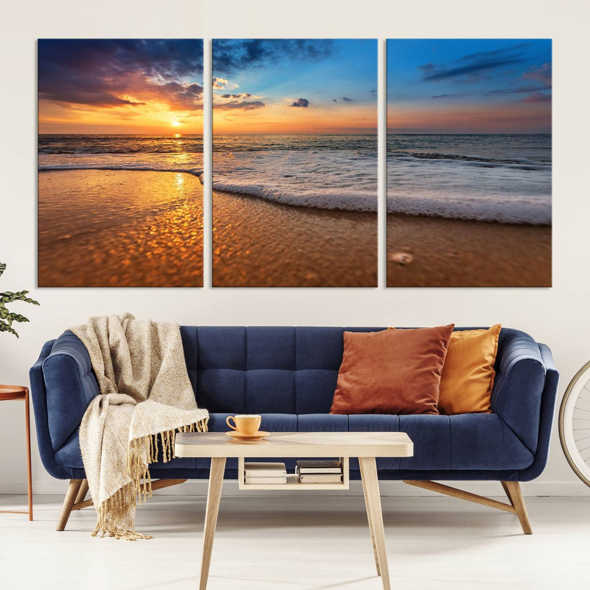 Golden Sunset Beach Waves Canvas Print, Triptych Canvas Wall
