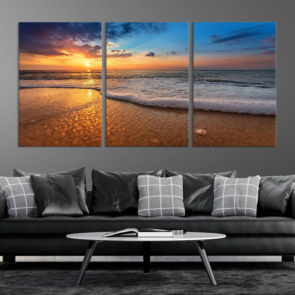Golden Sunset Beach Waves Canvas Print, Triptych Canvas Wall