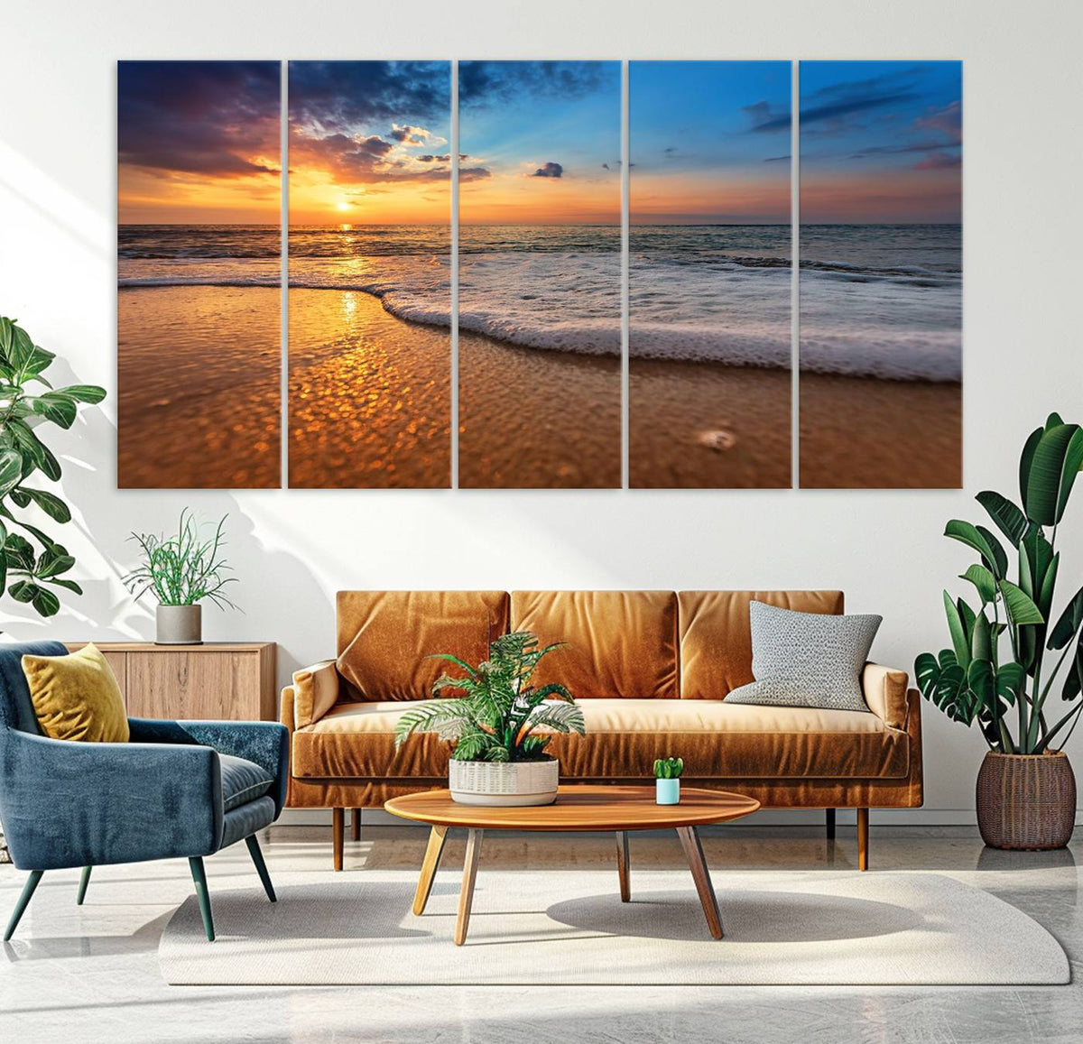 Golden Sunset Beach Waves Canvas Print, Triptych Canvas Wall
