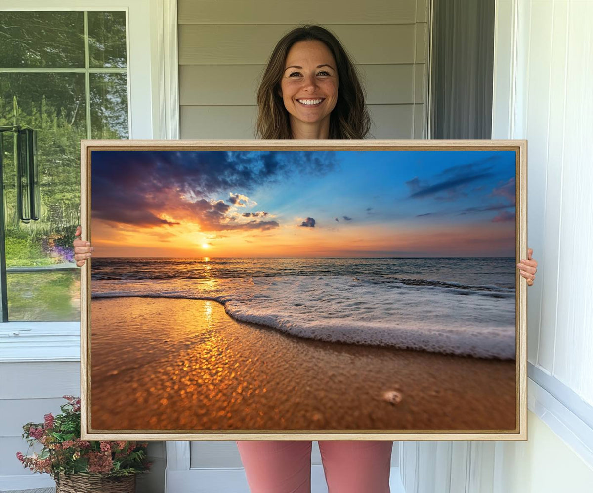 Golden Sunset Beach Waves Canvas Print, Triptych Canvas Wall
