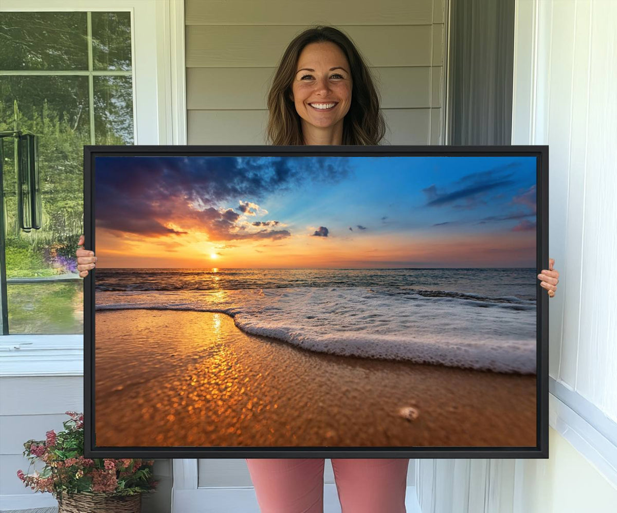 Golden Sunset Beach Waves Canvas Print, Triptych Canvas Wall