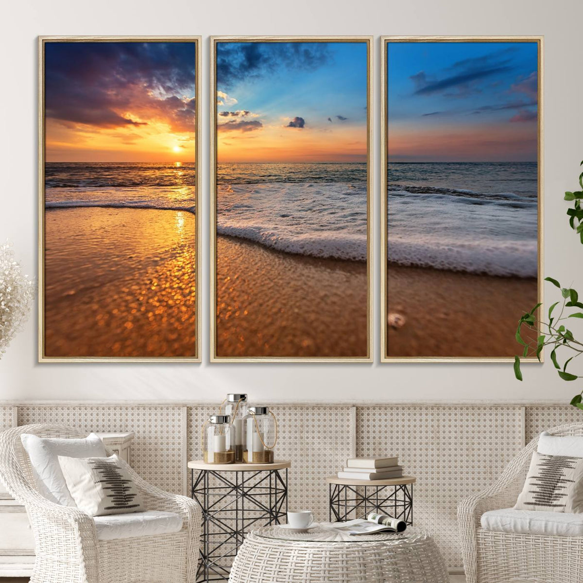 Golden Sunset Beach Waves Canvas Print, Triptych Canvas Wall