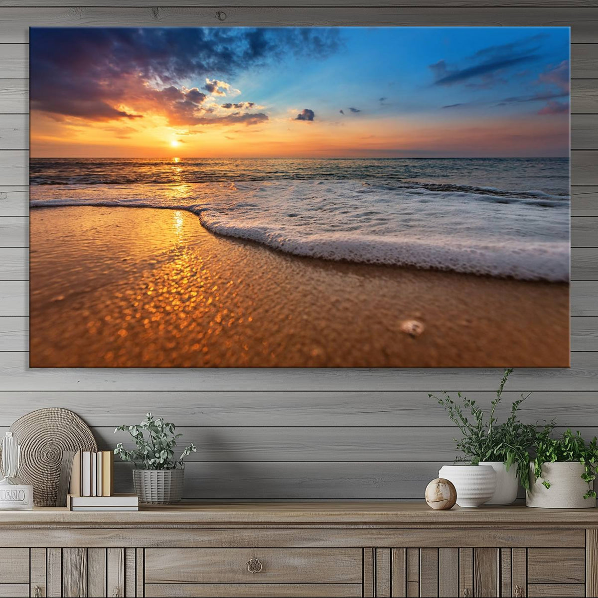Golden Sunset Beach Waves Canvas Print, Triptych Canvas Wall