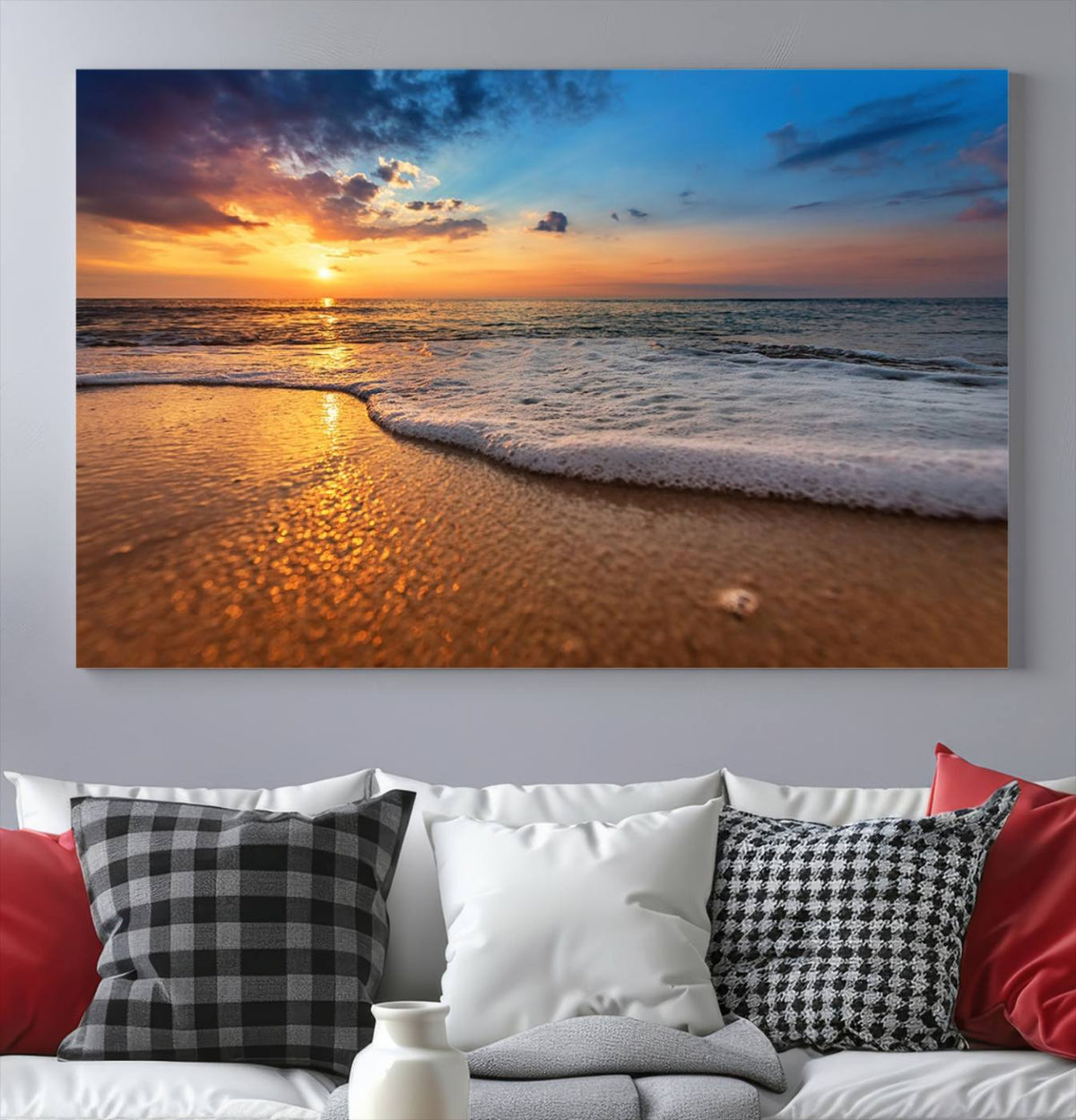 Golden Sunset Beach Waves Canvas Print, Triptych Canvas Wall
