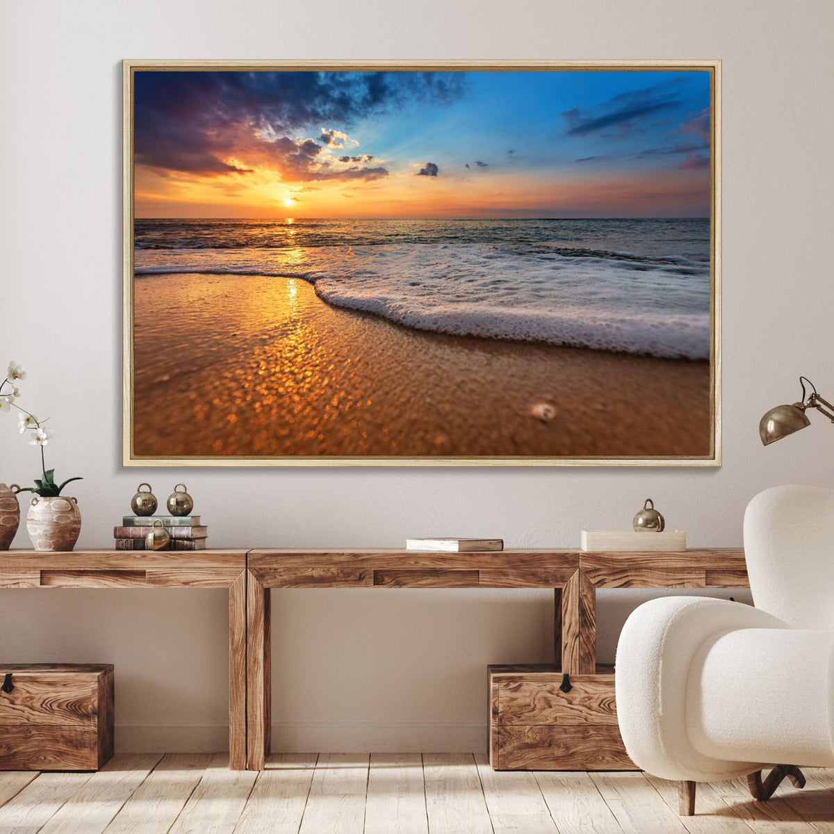 Golden Sunset Beach Waves Canvas Print, Triptych Canvas Wall