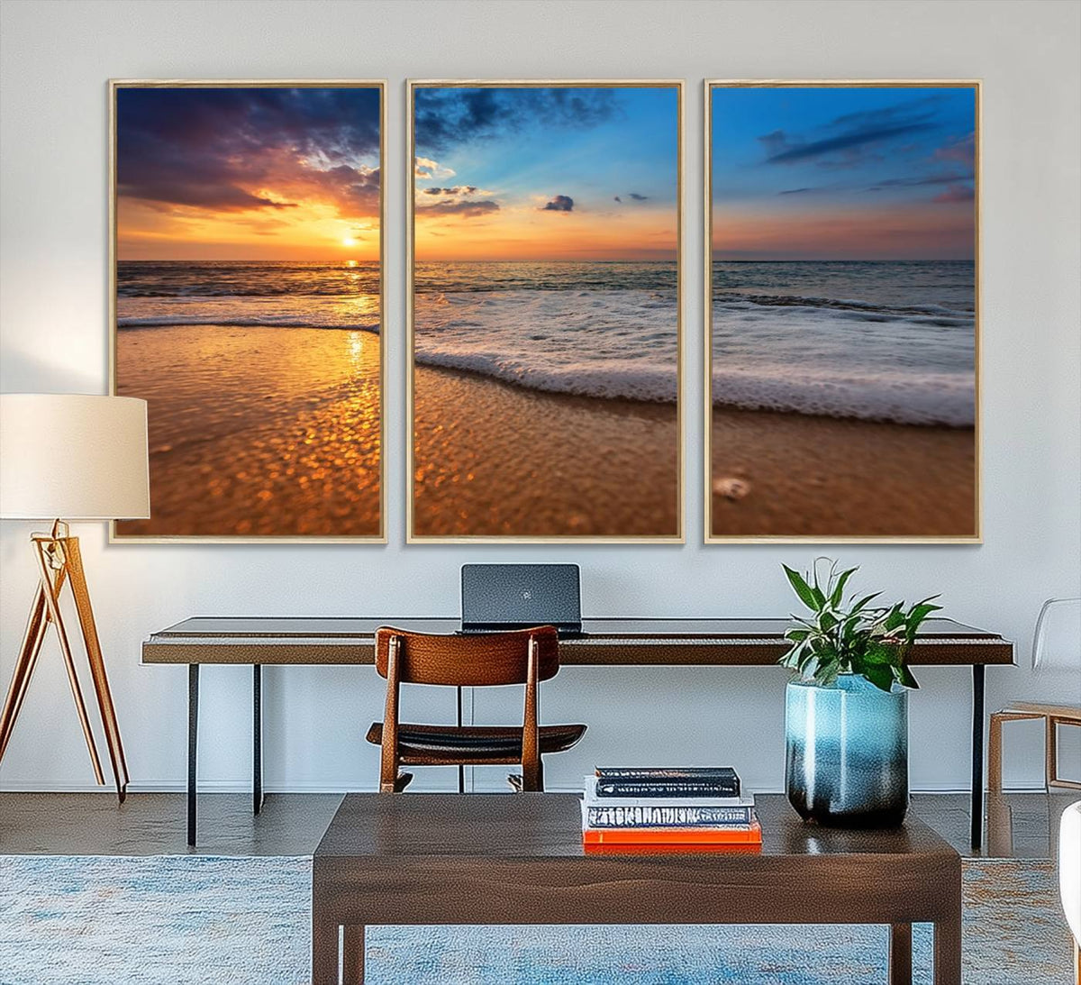 Golden Sunset Beach Waves Canvas Print, Triptych Canvas Wall