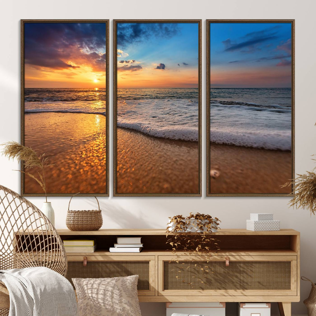 Golden Sunset Beach Waves Canvas Print, Triptych Canvas Wall