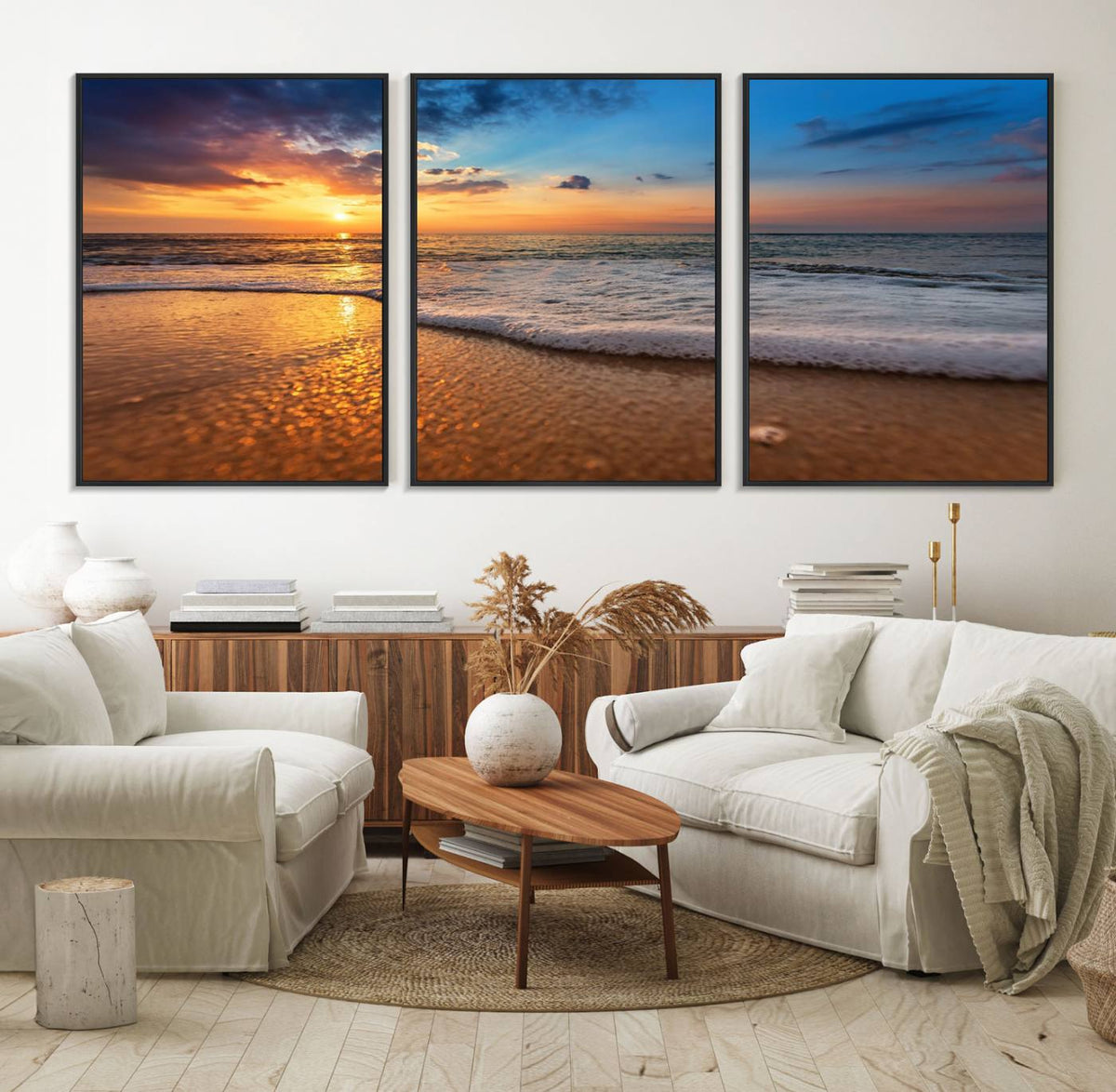 Golden Sunset Beach Waves Canvas Print, Triptych Canvas Wall