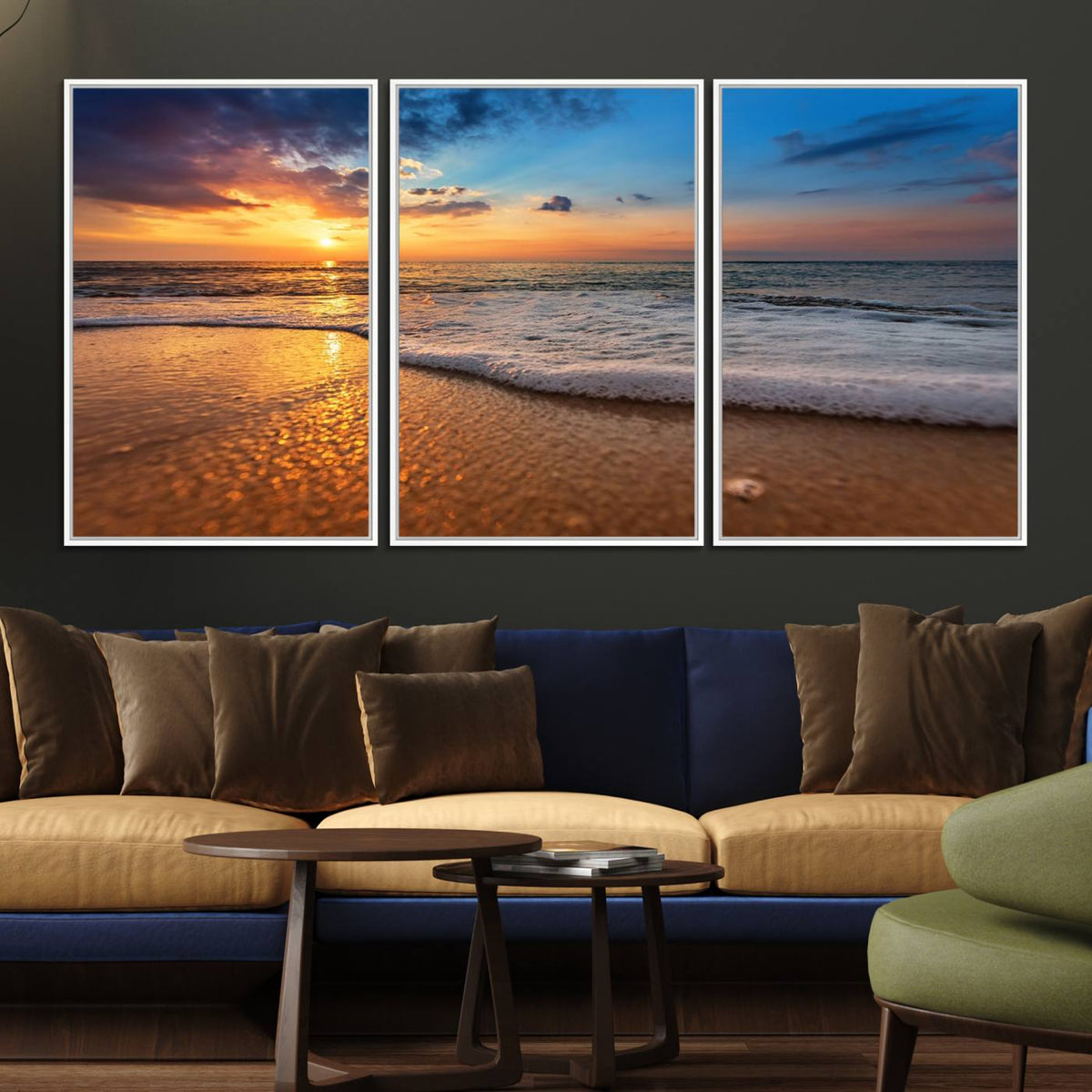 Golden Sunset Beach Waves Canvas Print, Triptych Canvas Wall