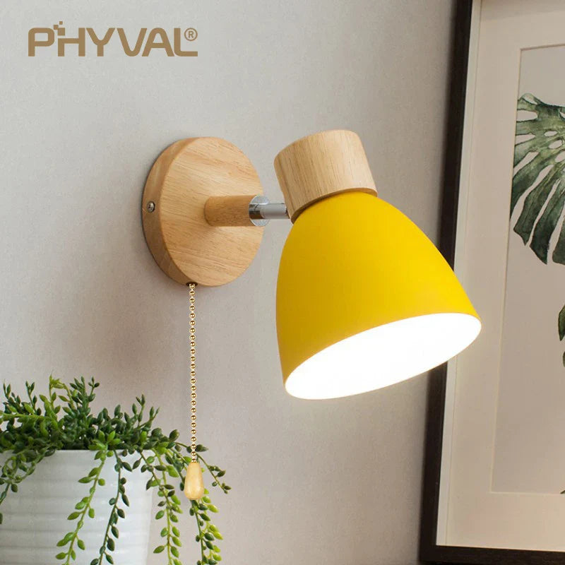 Wooden Wall Lamp with Switch – Modern E27 Adjustable Sconce for Bedroom & Living Room