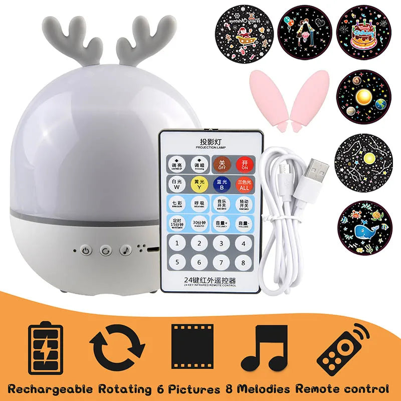 Deer Music Projector Night Light Starry Sky Rotating Lamp Bluetooth Speaker