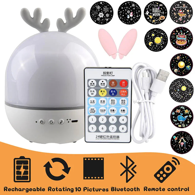 Deer Music Projector Night Light Starry Sky Rotating Lamp Bluetooth Speaker