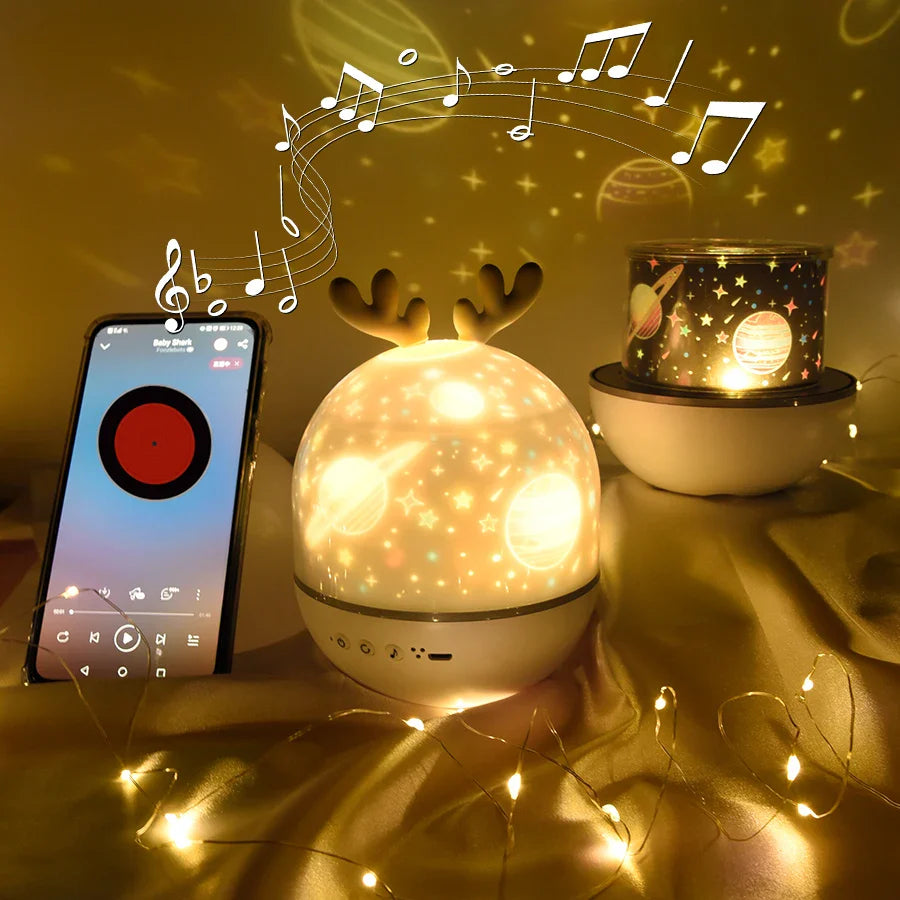 Deer Music Projector Night Light Starry Sky Rotating Lamp Bluetooth Speaker