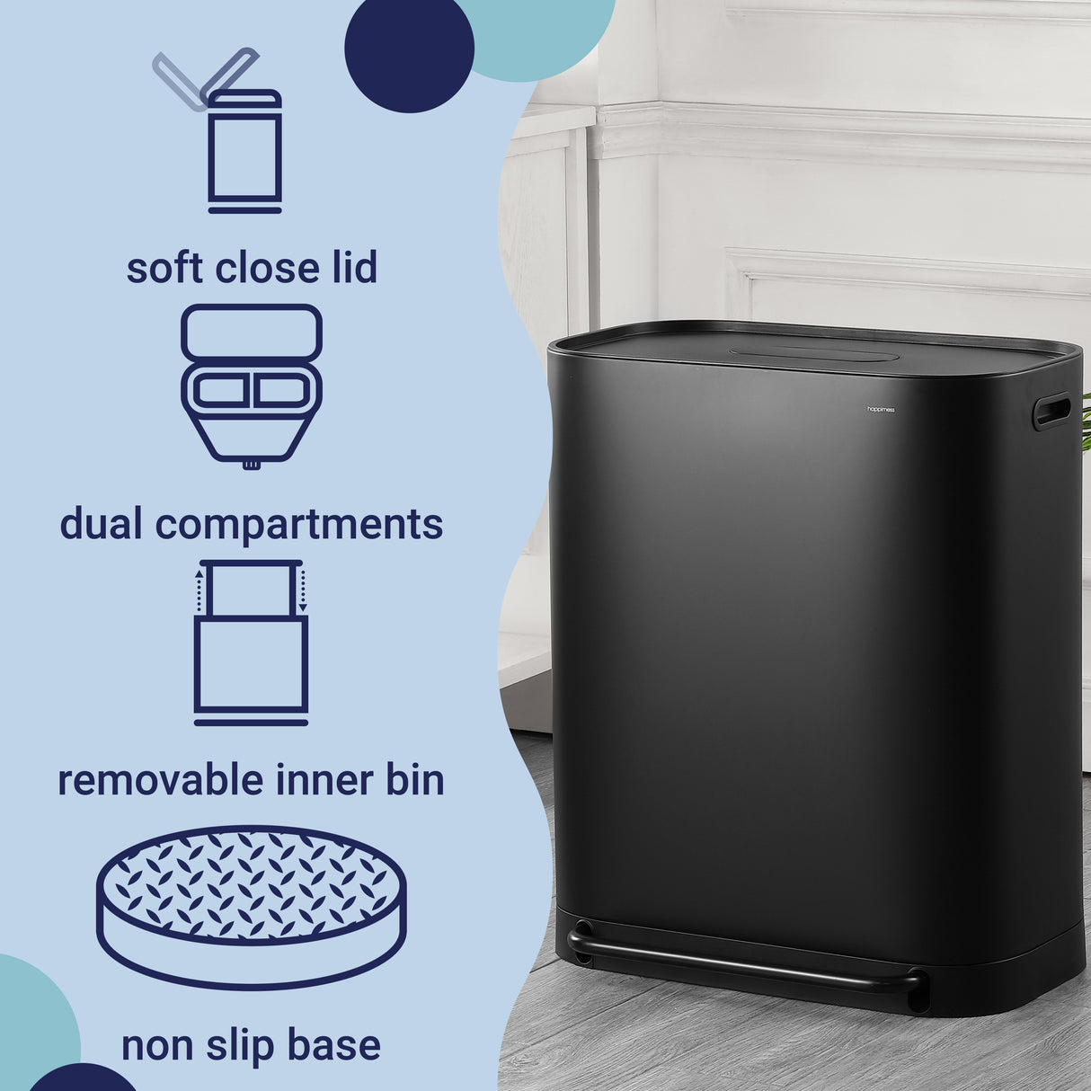Beni Kitchen Trash/Recycling Double-Bucket Step Trash Can with Odor Filter and Lid Support