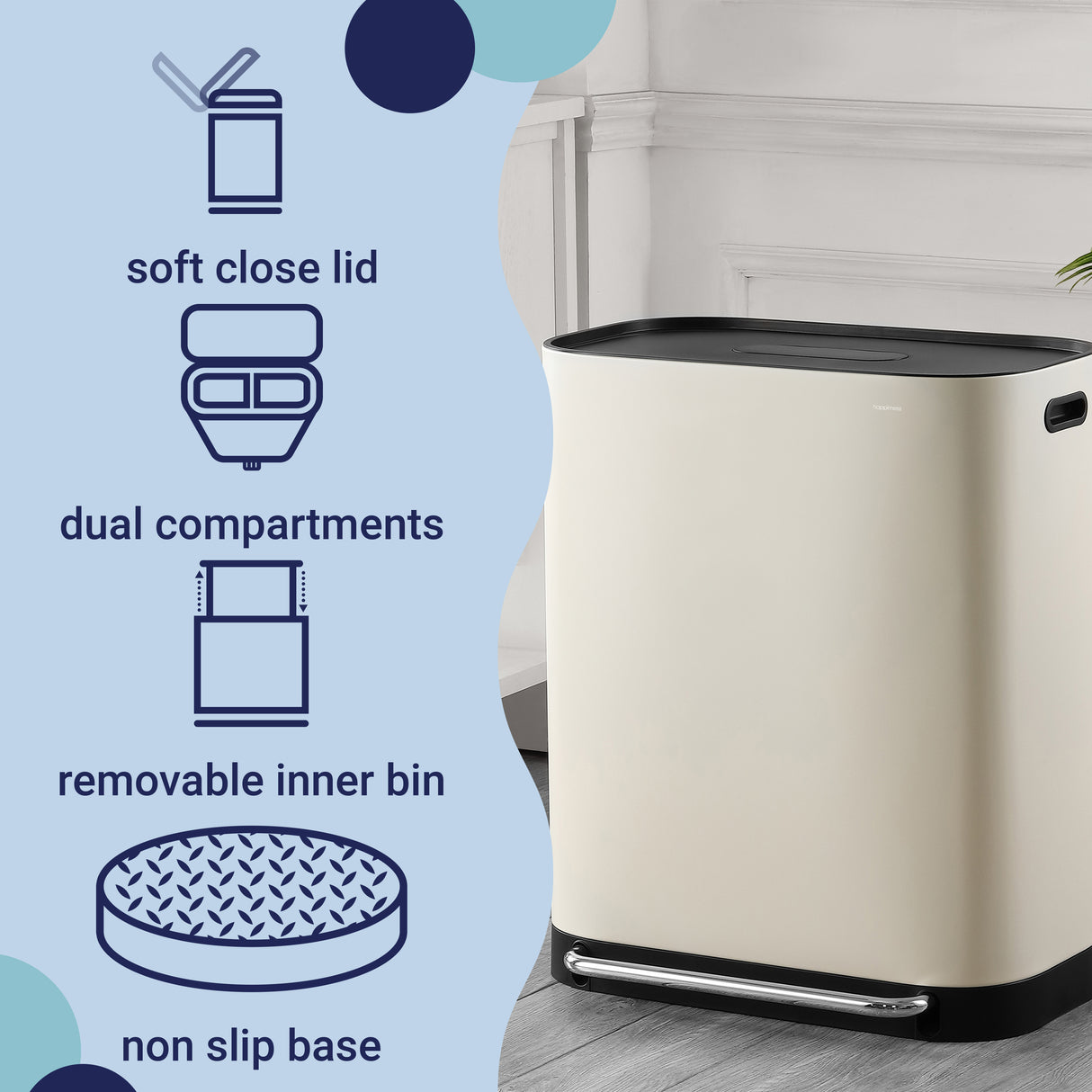 Beni Kitchen Trash/Recycling Double-Bucket Step Trash Can with Odor Filter and Lid Support