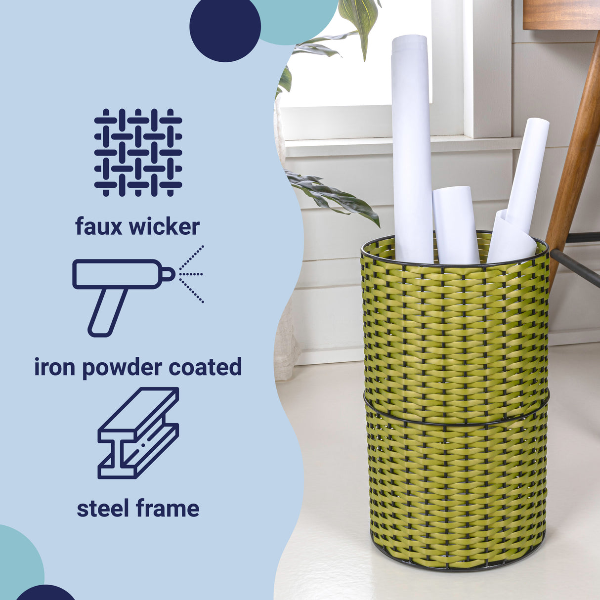 Cecil Modern Faux Wicker Cylinder Waste Basket