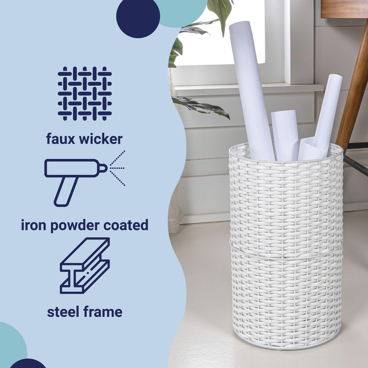 Cecil Modern Faux Wicker Cylinder Waste Basket