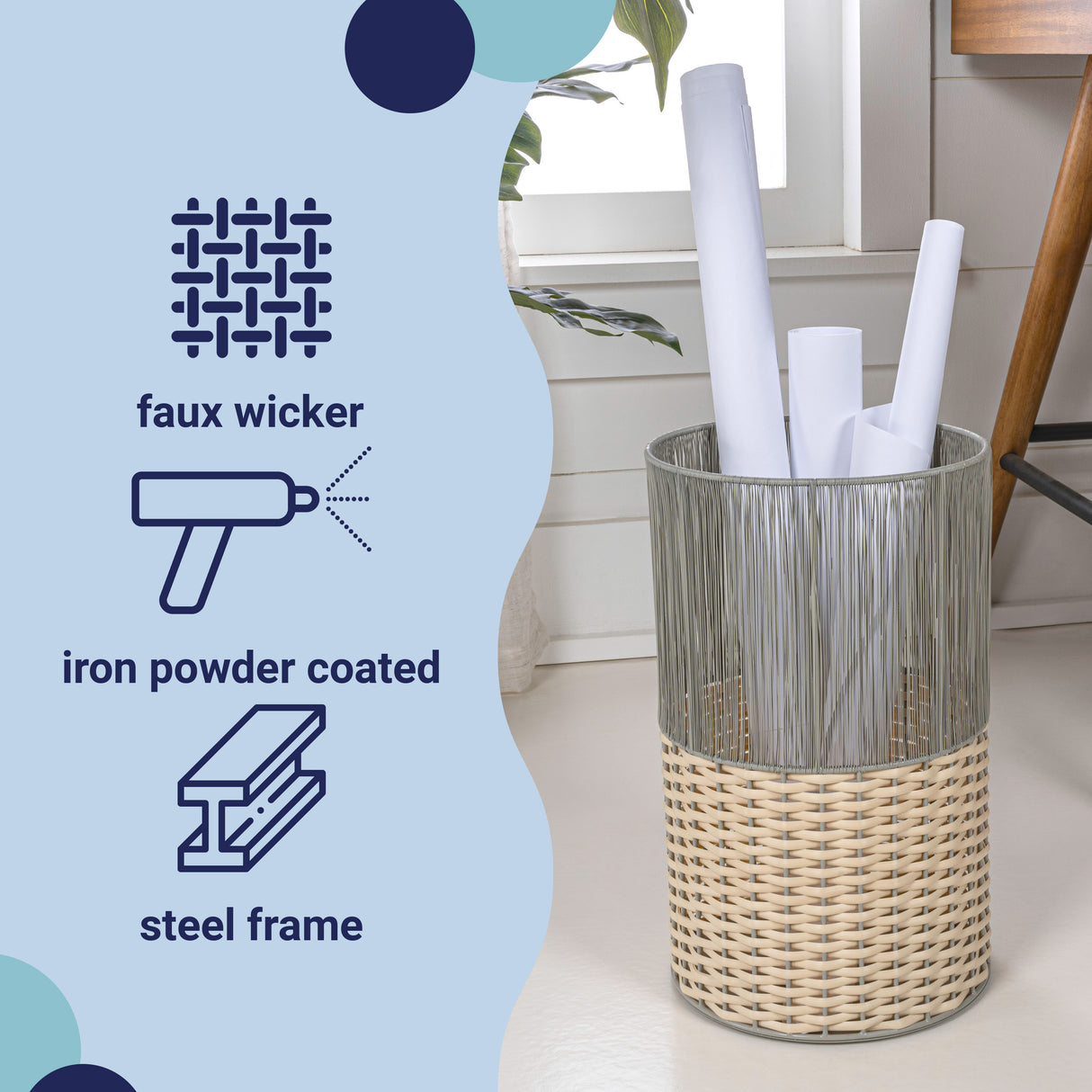 Harper Modern 2-Tone Faux Wicker Cylinder Outdoor Trash Can