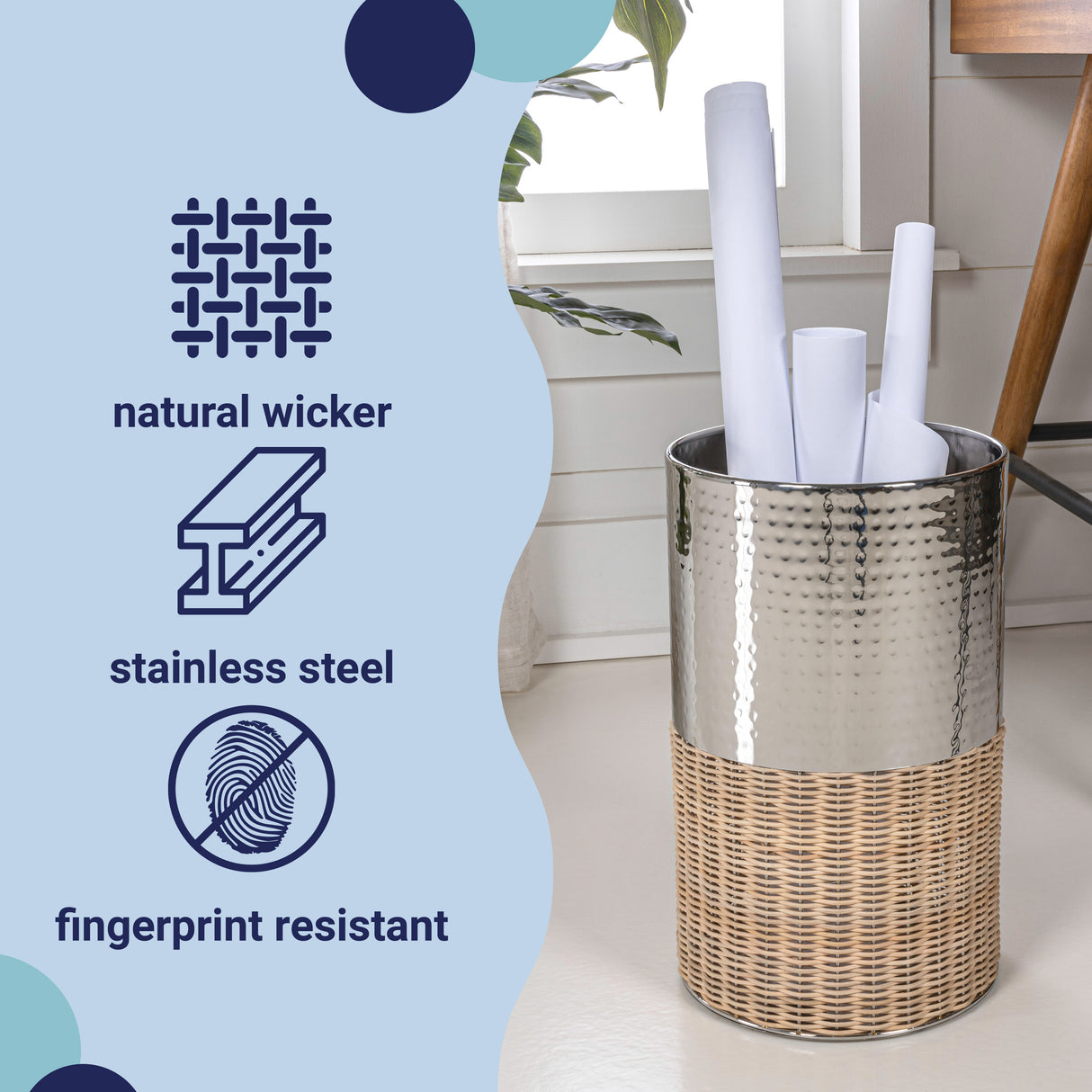 Asher Modern 2-Tone Faux Wicker/Metal Cylinder Waste Basket
