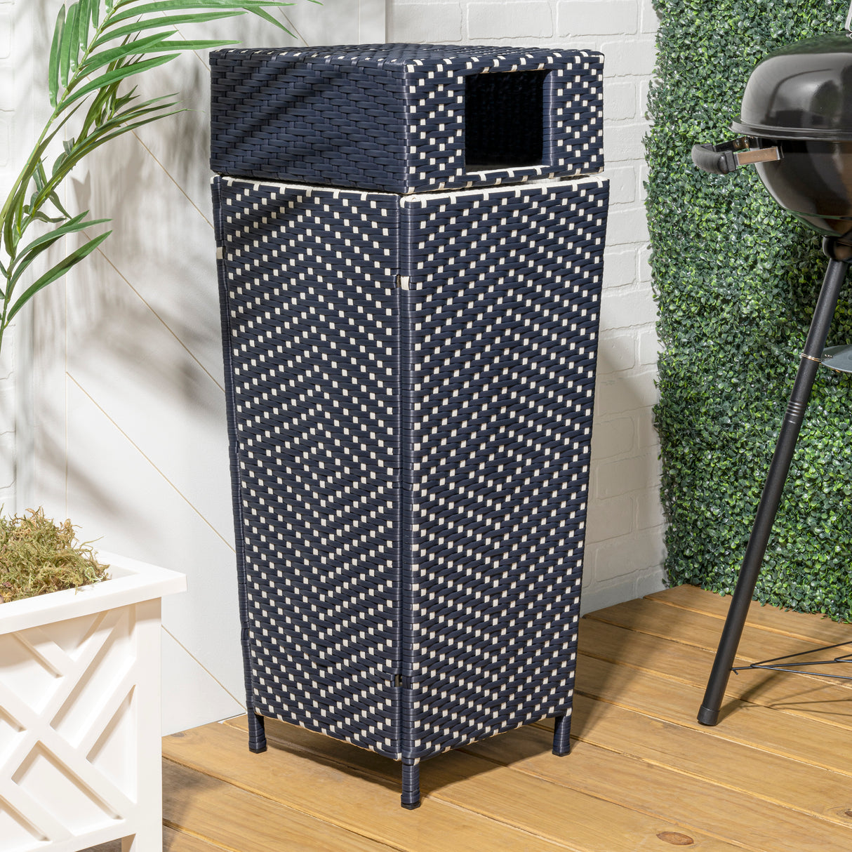 Keaton modern all-weather wicker/metal lidded hideaway outdoor trash can