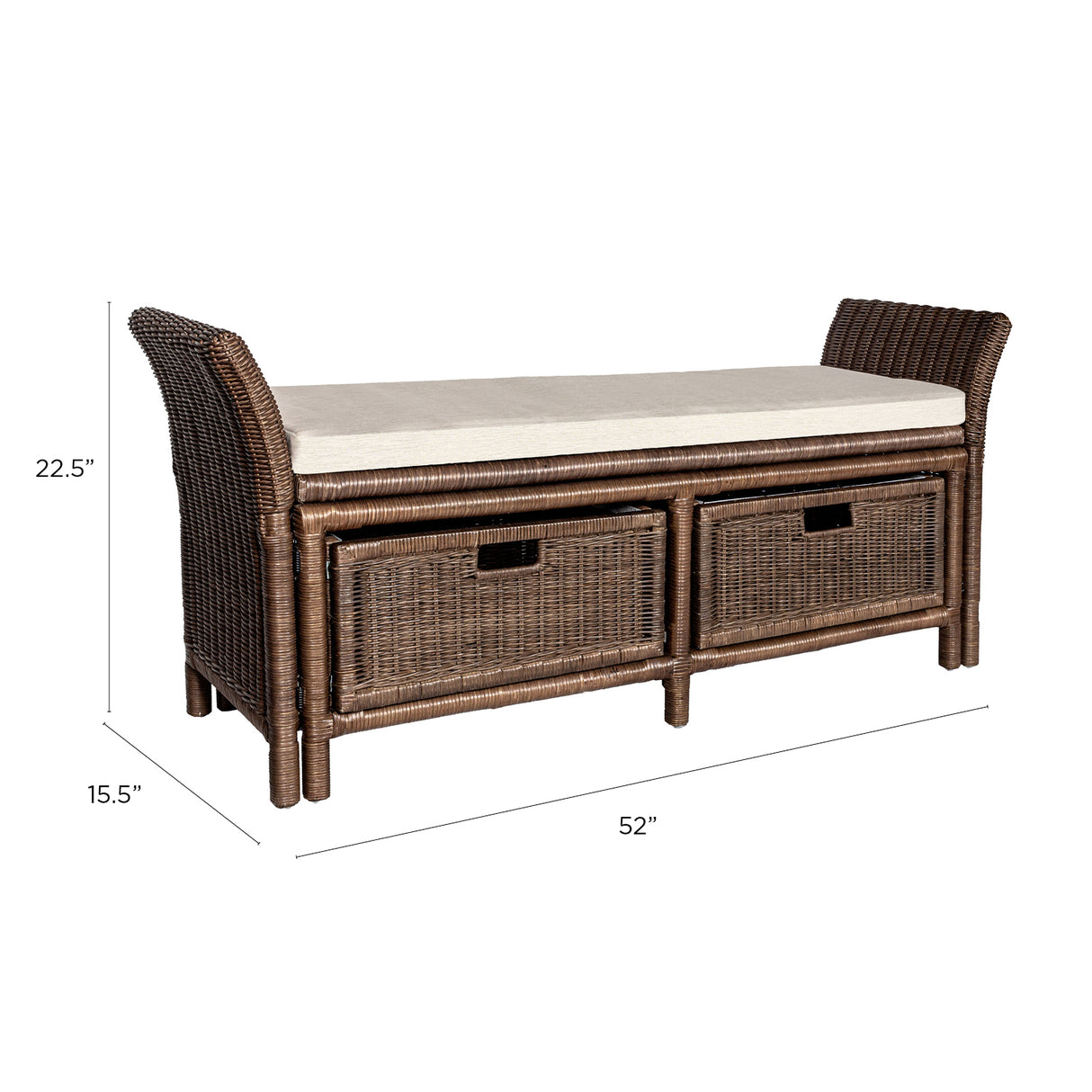 Tropic 2 Drawer Wicker Storage Bench wih Linen Cushion