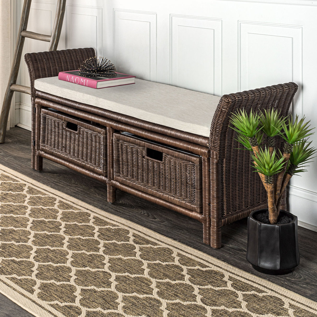 Tropic-2-Drawer-Wicker-Storage-Bench-wih-Linen-Cushion-Benches