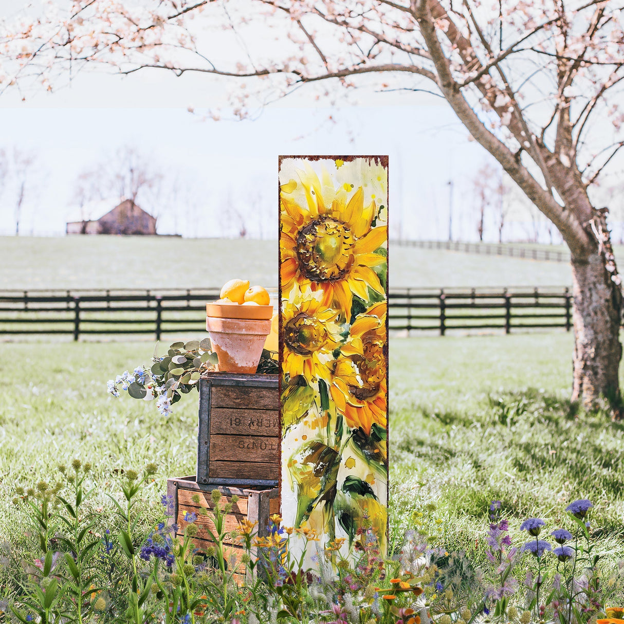 Summer Oil Sunflower Wooden Porch Sign | Rustic Farmhouse Decor for Door, Wall, Outdoor Entryway Decorative | UV Print | Multi Sizes