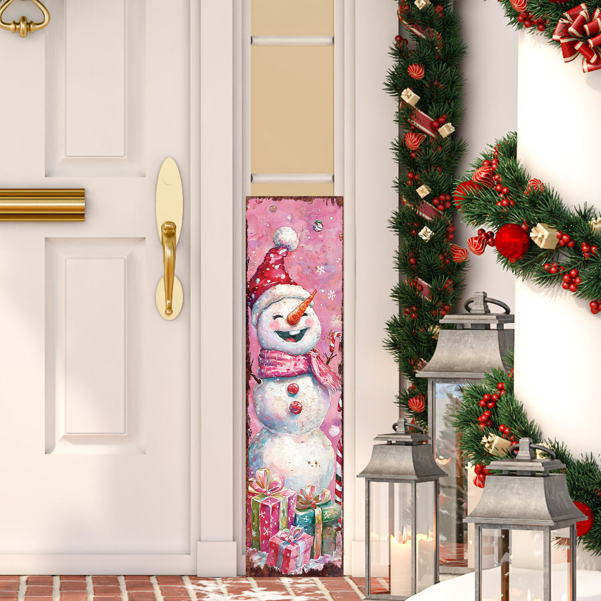 36in Christmas Reversible Porch Sign | Watercolor Santa & Snowman | UV Protected | Holiday Door Decor | Entryway Decoration | 36x9.25in