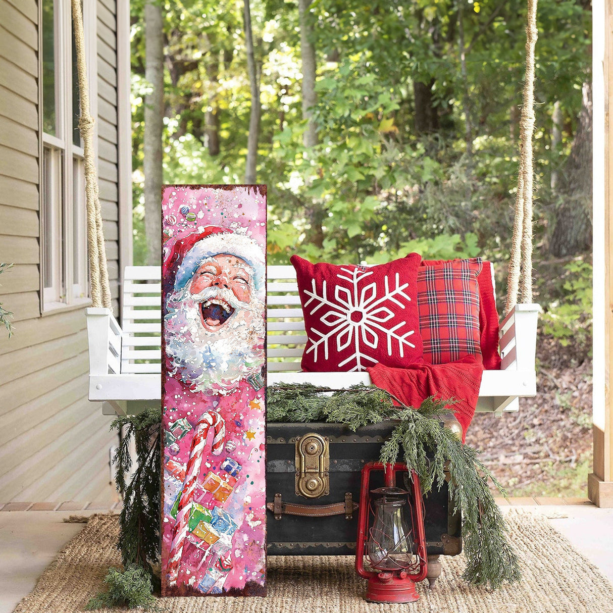 36in Christmas Reversible Porch Sign | Watercolor Santa & Snowman | UV Protected | Holiday Door Decor | Entryway Decoration | 36x9.25in