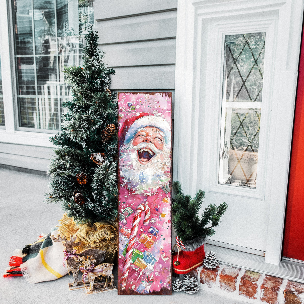 36in Christmas Reversible Porch Sign | Watercolor Santa & Snowman | UV Protected | Holiday Door Decor | Entryway Decoration | 36x9.25in