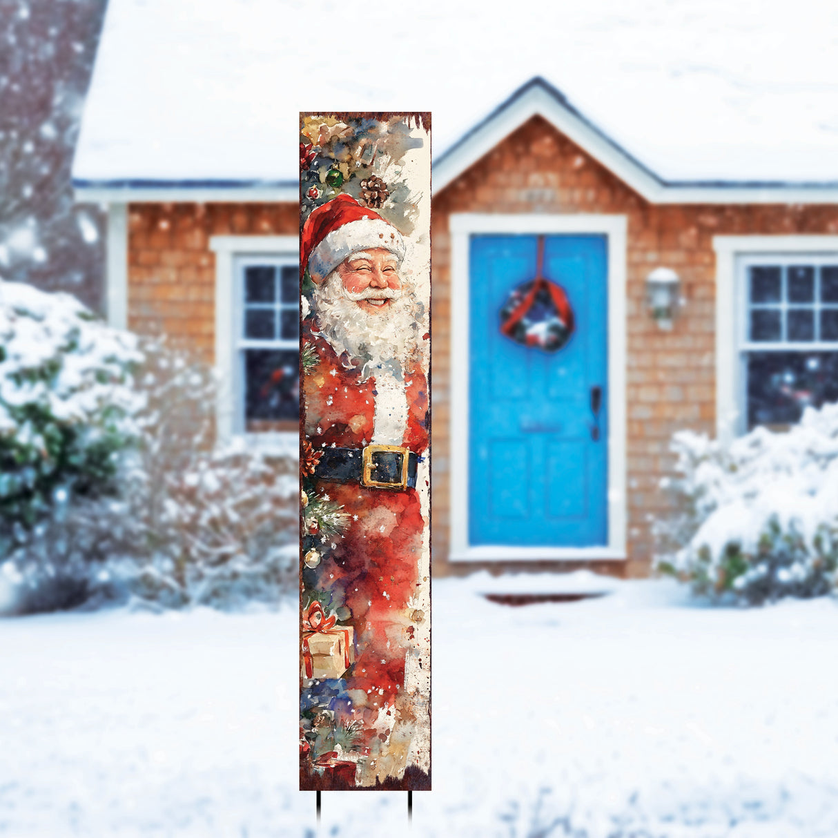 42in Christmas Garden Stake | Watercolor Santa Design | Outdoor Yard Sign | Vintage Poster Style Holiday Decor