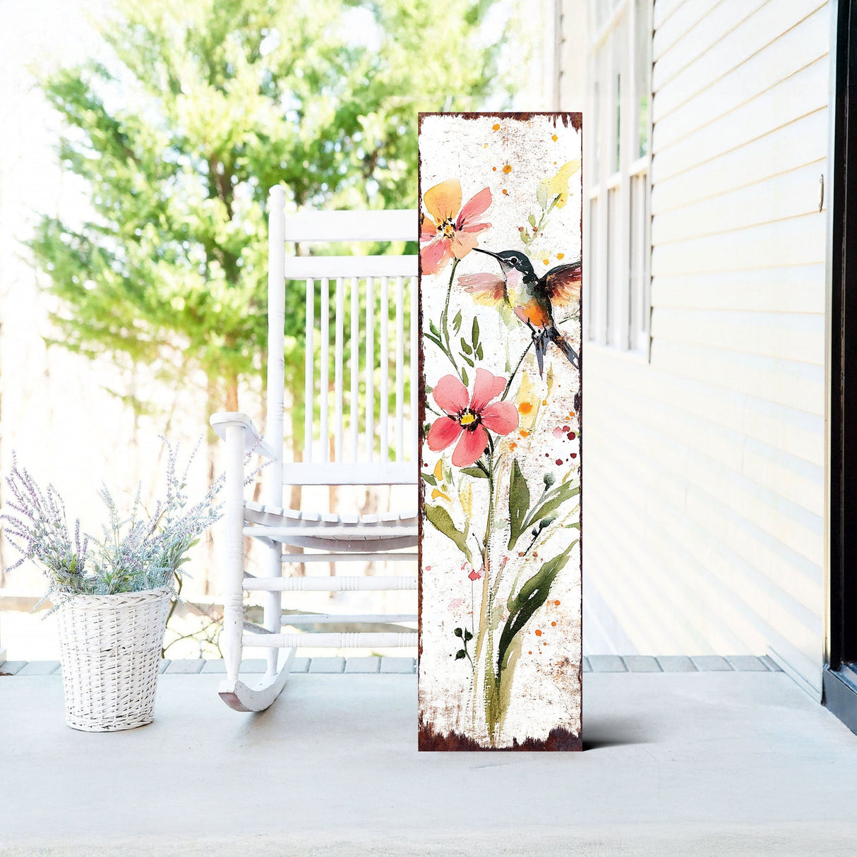 Spring Watercolor Wildflower Porch Sign | Hummingbird Wooden Entryway Decor | Rustic Outdoor Farmhouse Sign | 3 Sizes & Patterns