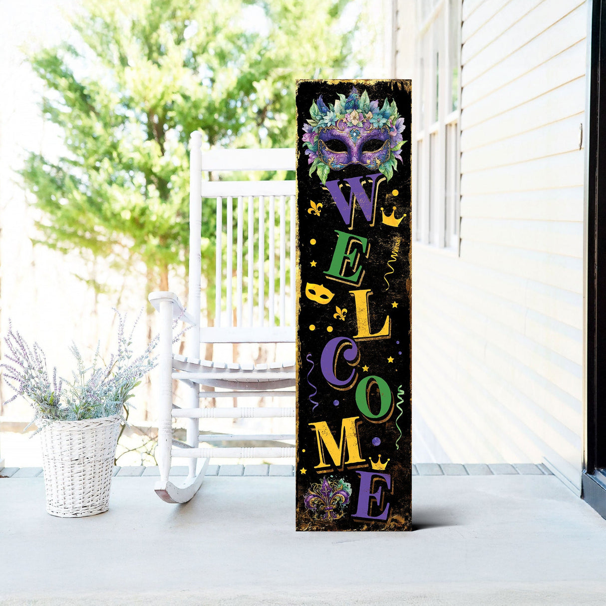 Welcome Mardi Gras Porch Sign | Wooden Entryway Decor | UV Print | Front Porch Plaque | Festive Mardi Gras Decor | 3 Sizes