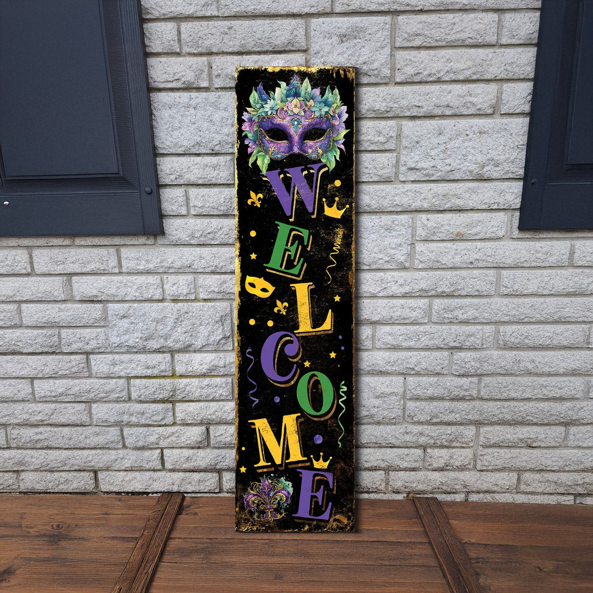 Welcome Mardi Gras Porch Sign | Wooden Entryway Decor | UV Print | Front Porch Plaque | Festive Mardi Gras Decor | 3 Sizes