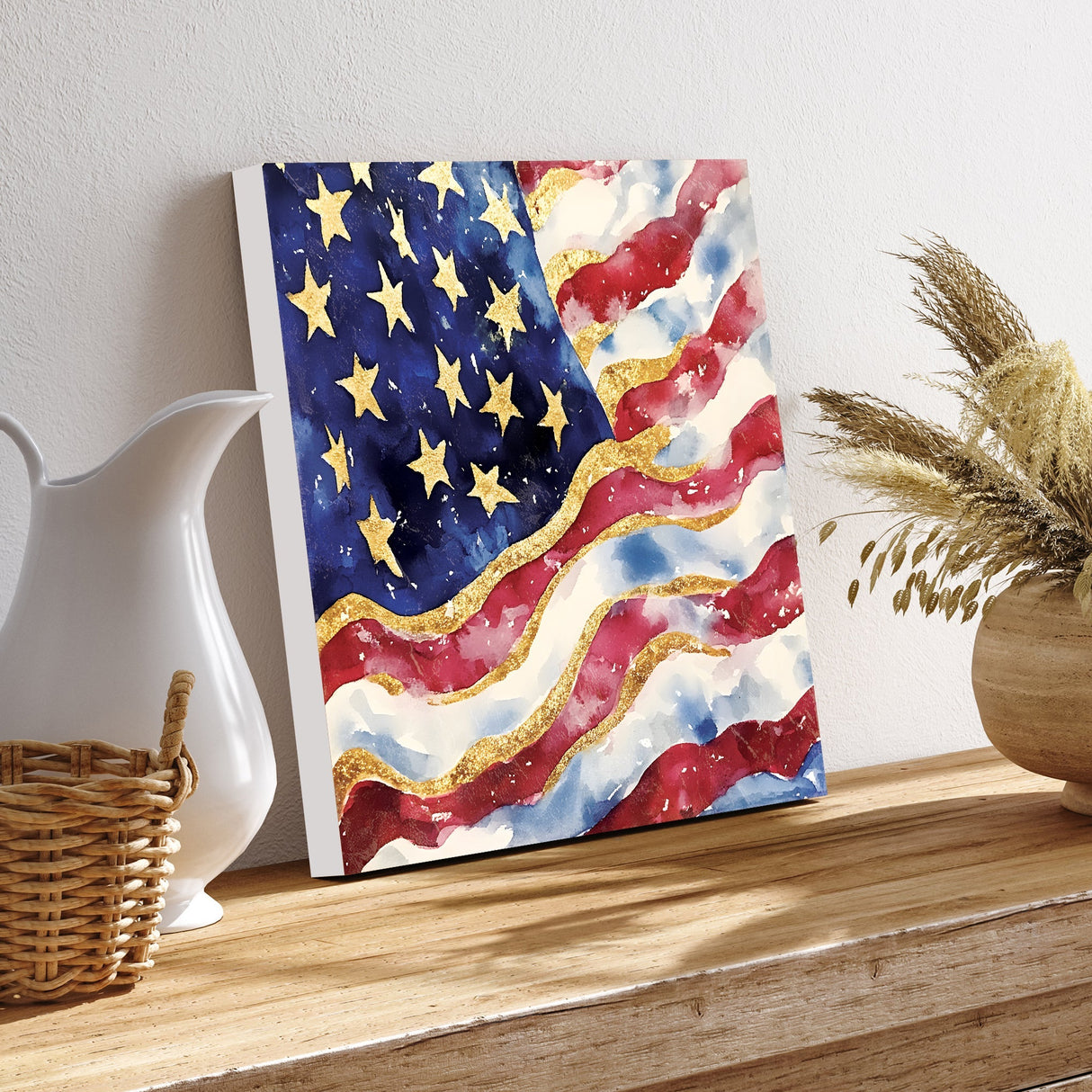 4th of July USA Flag Wall Decor Art | UV Print Canvas | Watercolor Paint Style Indoor Wall Art | 3 Sizes