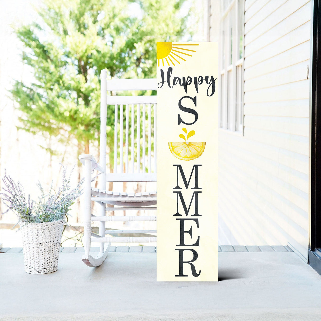 Happy Summer Lemon Porch Sign | Front Door Decor with Sun & Lemon Design | Farmhouse Style Summer Wall Hanging | 3 Sizes Available