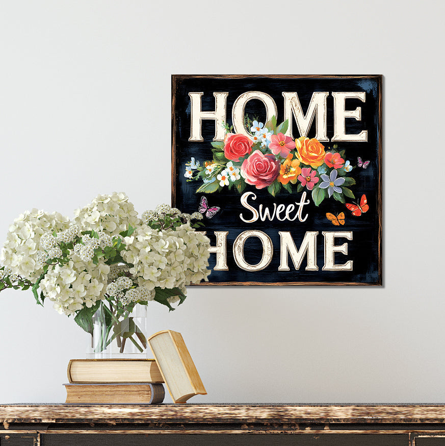 Spring Home Sweet Home Wall Decor with Floral & Butterfly Design | Rustic Farmhouse Style Canvas Art | 3 Sizes Available