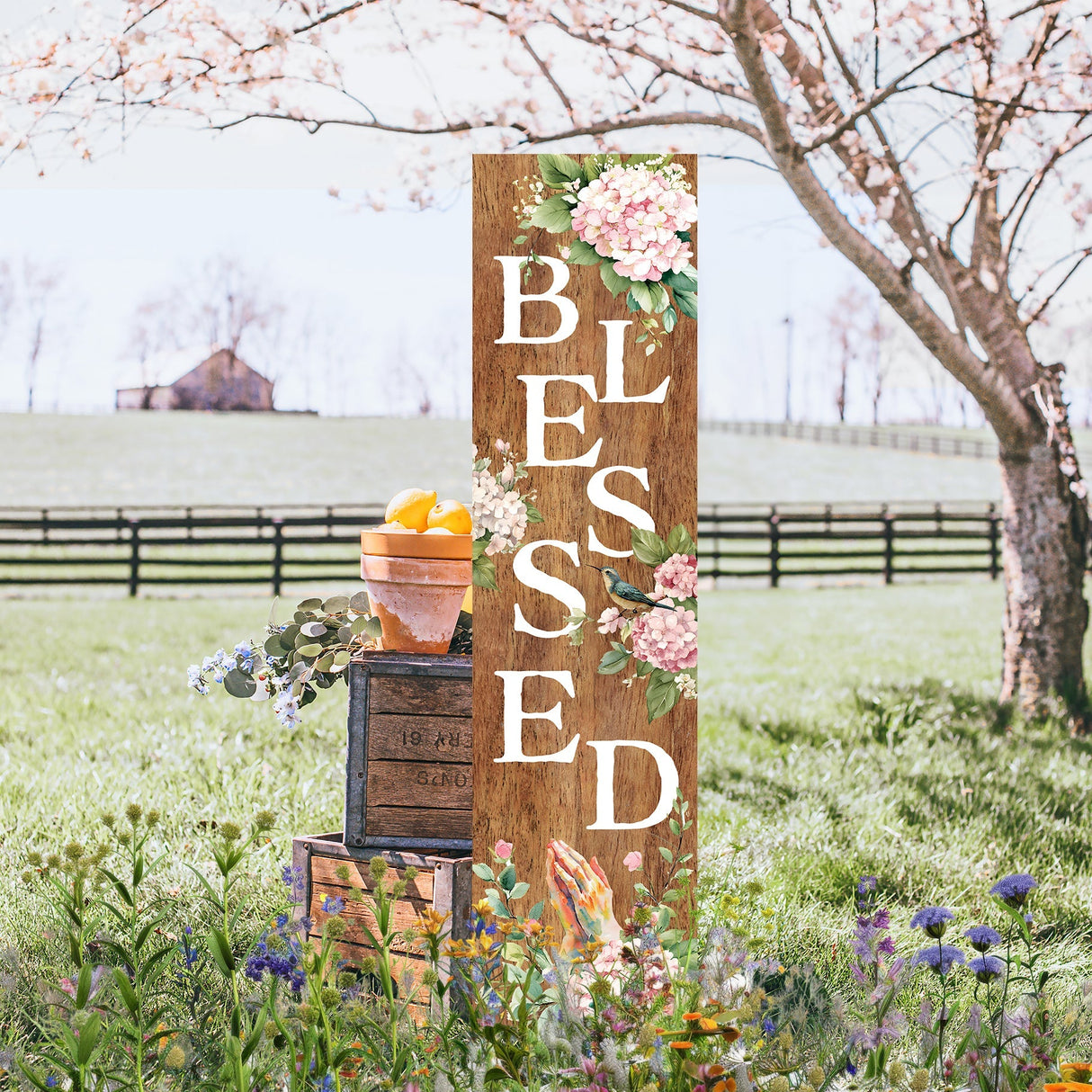 Spring Blessed Floral Porch Sign | Farmhouse Style Front Door Decor | UV Print Floral Design | 3 Sizes Available