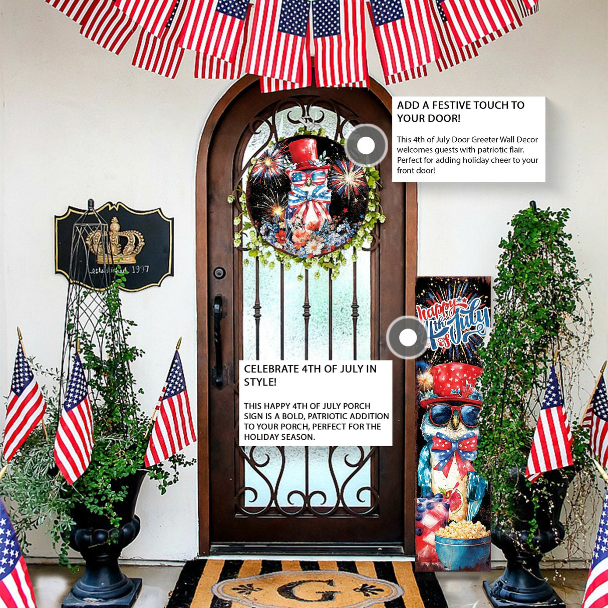 4th of July Owl & Fireworks Door Hanger | Multi Sizes | Patriotic Independence Day Front Door and Indoor Wall Decor