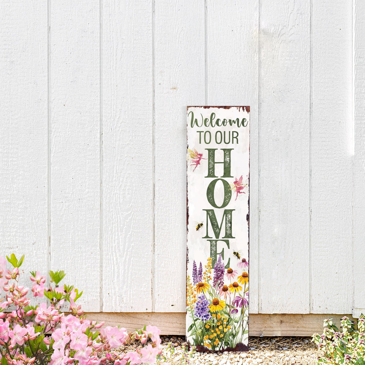 Summer Welcome to Our Home Porch Sign | Wildflower Garden Design with Bees & Fairies | UV Print | Multi Sizes for Front Porch Decor